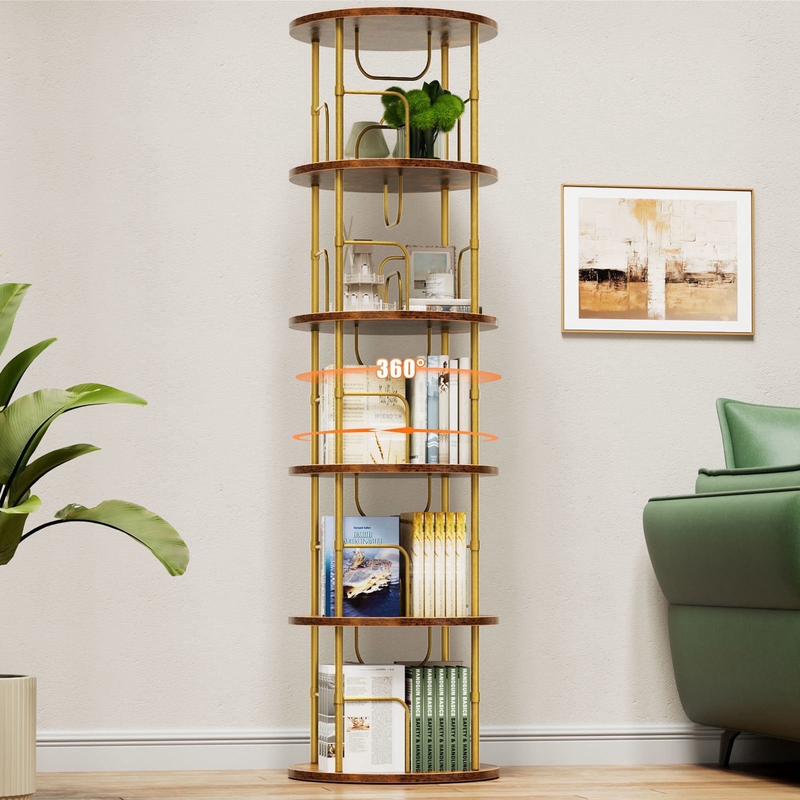 Flycity 5 Tier Rotate Bookcases, 360° Display Corner Shelf Spin Bookcases with Special Visible Partition Storage, Gold