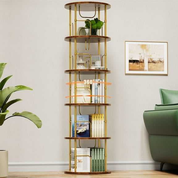 Flycity 5 Tier Rotating Bookshelf, 360° Display Rotating Bookcase Corner Storage Rack with Special Visible Partition Storage, Gold