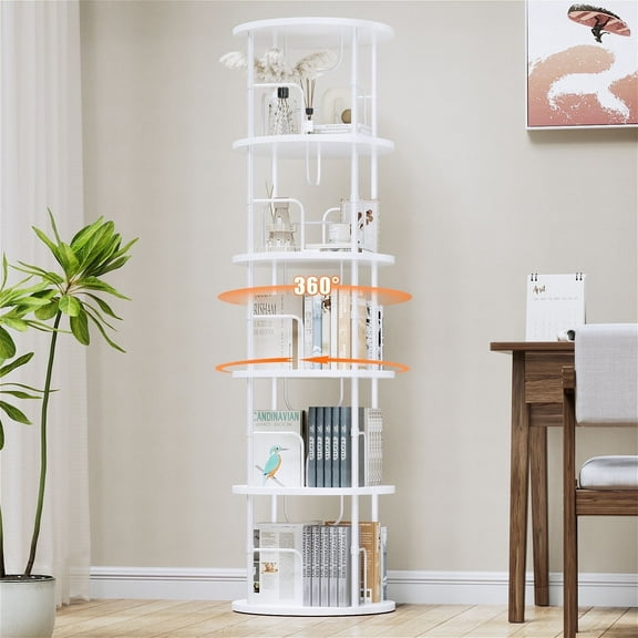 Flycity 5 Tier Rotating Bookshelf, 360° Display Rotating Bookcase Corner Storage Rack with Special Visible Partition Storage, White