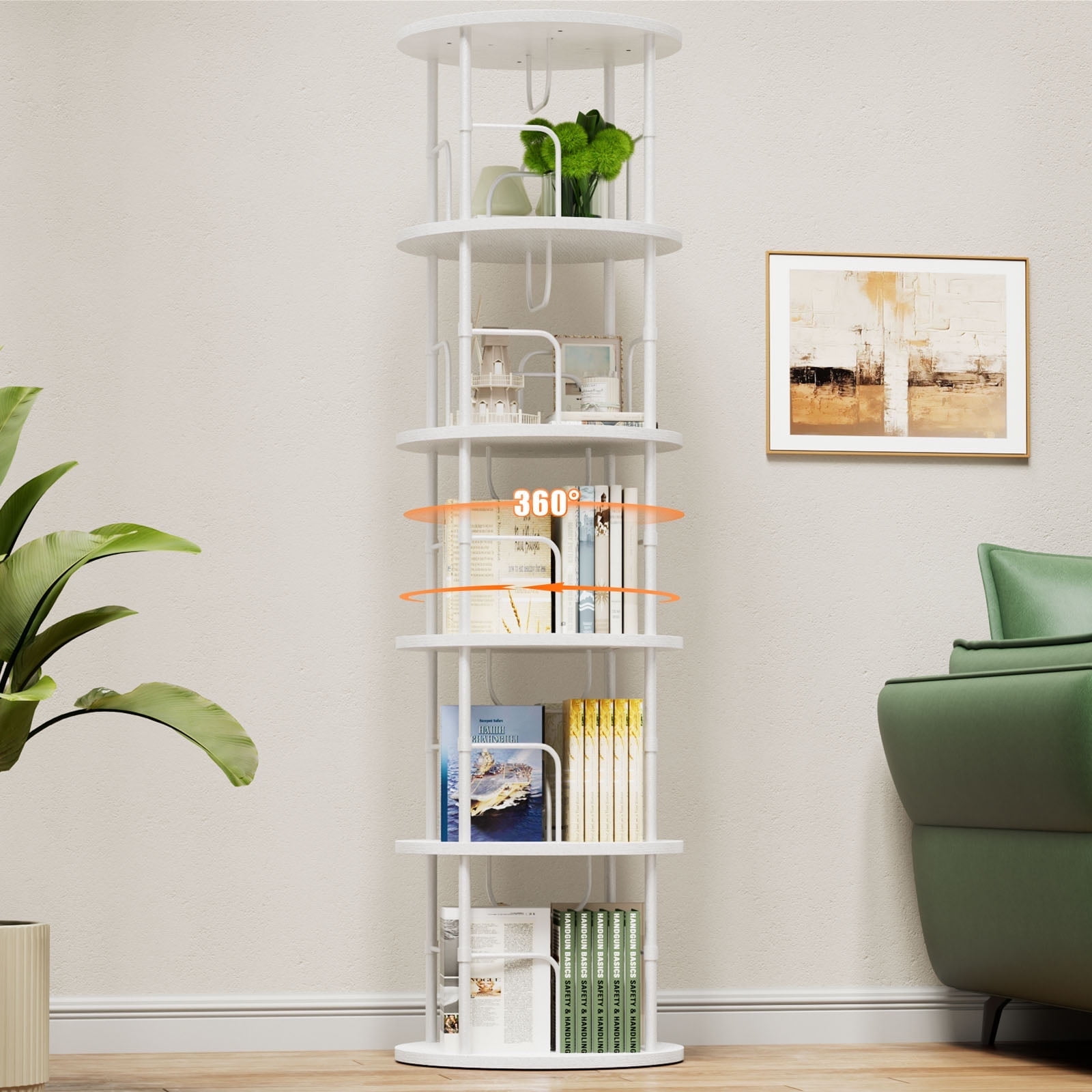 Flycity 5 Tier Rotate Bookcases, 360° Display Corner Shelf Spin Bookcases with Special Visible Partition Storage, White