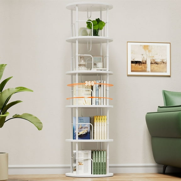 Flycity 5 Tier Rotating Bookshelf, 360° Display Rotating Bookcase Corner Storage Rack with Special Visible Partition Storage, White