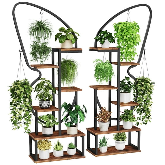 Flycity 6 Tiers Metal Plant Stand, Butterfly Shaped Plant Shelf with 12 Boards & 6 Hooks, for Living Room Studio Balcony Garden