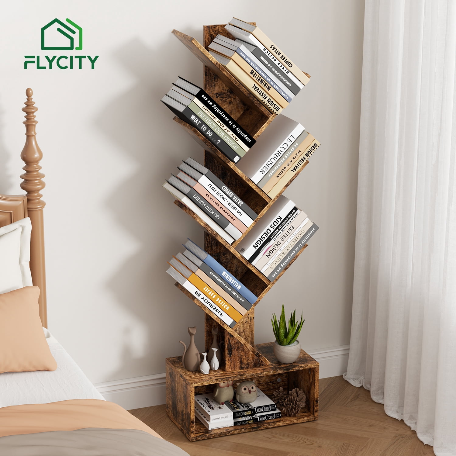 Storage For Paperbacks Flycity 6 Tier Tree Bookshelf, Space Saving Wood Bookshelves Organizer ...