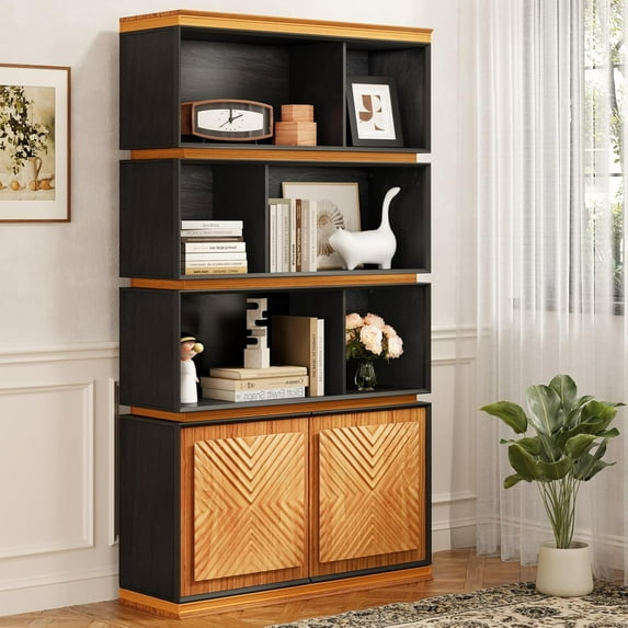 Flycity 70" Tall 5 Tier Bookshelf with Storage Cabinet, Wooden Bookcase with Doors for Bedroom and Home Office, Corner Storage for Books and Décor Mid Century Modern