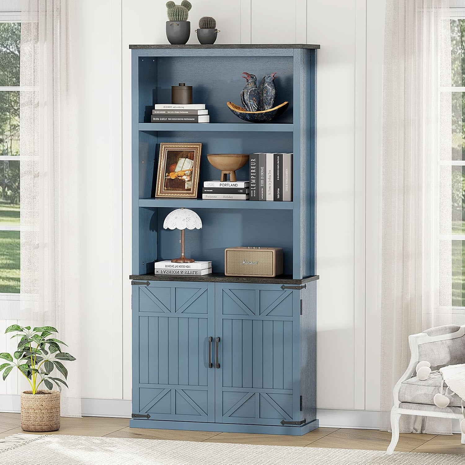 70'' Tall Blue MDF Farmhouse Bookcase with Doors and Shelves