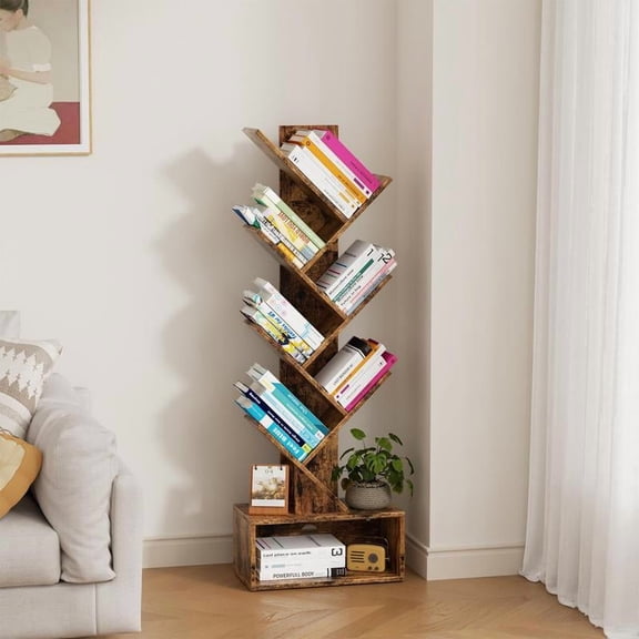 Flycity Bookshelf with Drawer,6 Tiers Tree Bookshelf, Modern Book Storage Organizer,Free Standing Tree Bookcase, Utility Organizer Shelves for Home,Office,Living Room,Bedroom