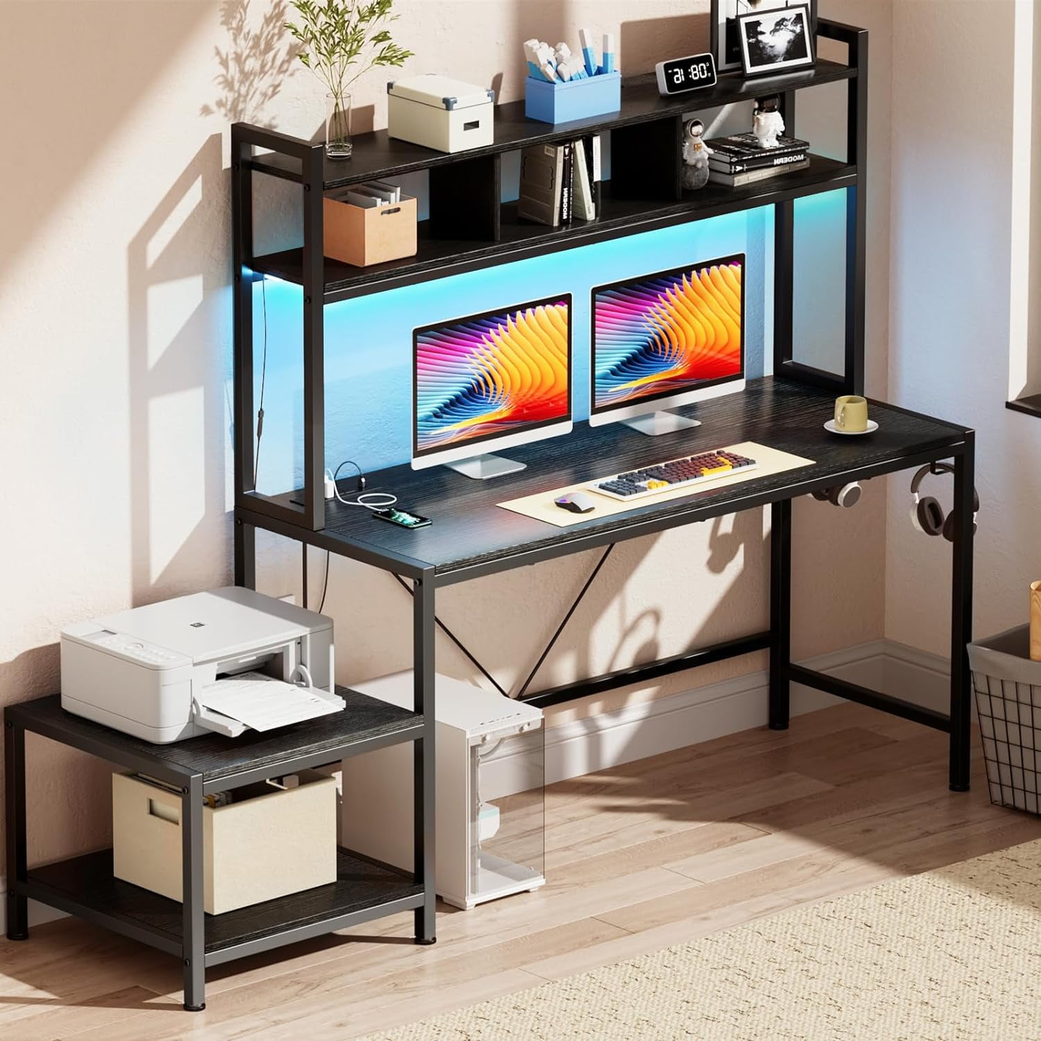 Flycity Computer Desk with Printer Stand & Hutch, 69 Inch Gaming
