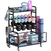 Flycity Dumbbell Rack, Weight Rack for Dumbbells, Home Gym Storage for Dumbbells Kettlebells Yoga Mat and Balls, Weight Storage Holder Rack with Wheels and Hooks