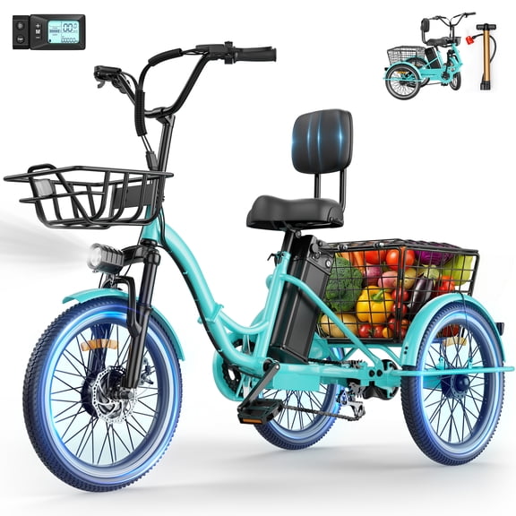 Flycity Electric Tricycle for Adults, Peak 1200W Electric Trike with 36V 13Ah Removable lithium battery, 20" 7 Speeds 3 Wheels Electric Bikes, Green