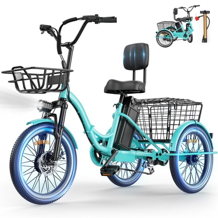 Flycity Electric Tricycle for Adults, 500W Motorized Electric trike with 48V 20Ah Removable lithium battery, 20“ 7 Speeds 3 Wheels Electric Bikes, Blue