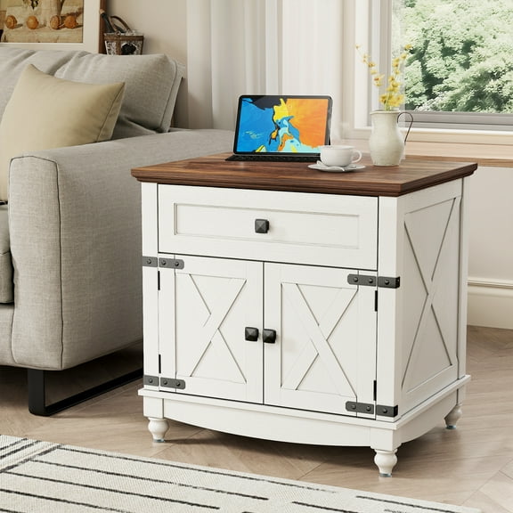 Flycity End Table with Drawers and Storage Cabinet, 25 Inch Bedside Table with Adjustable Shelf, Wood Nightstand with Door, Side Table for Living Room Bedroom Office, 2 Doors