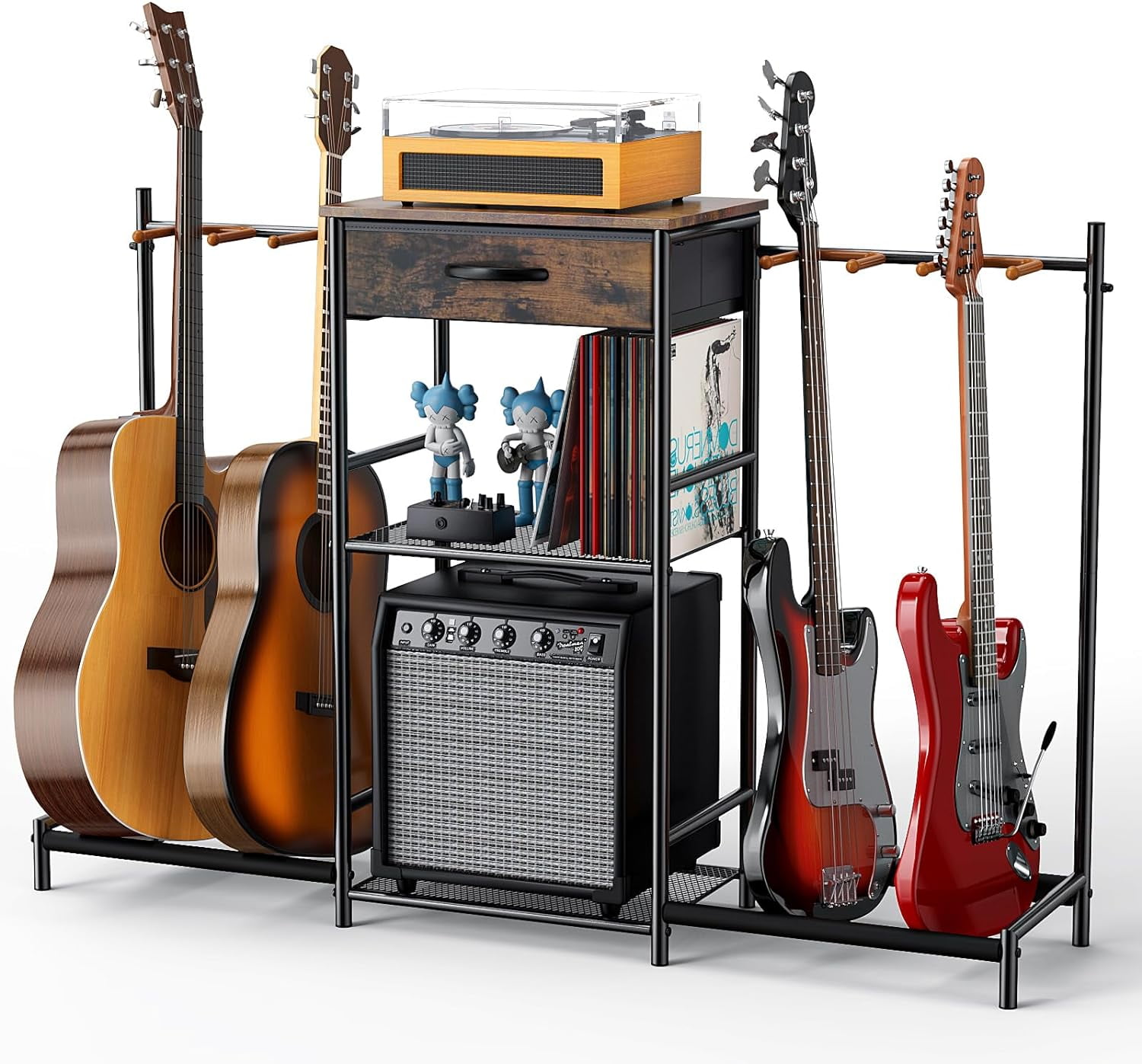 Flycity 4-Guitar Stand with Amp Stand, 3-Tier Rack & Cloth Drawer, Adjustable for Home Studio