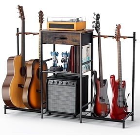 Flycity Guitar Stands Floor with 4 Guitar Holders, 3 Tier Guitar Rack with Amp Stand & Cloth Drawer, Floor Adjustable Guitar Holder Display for Music Room Home Studio