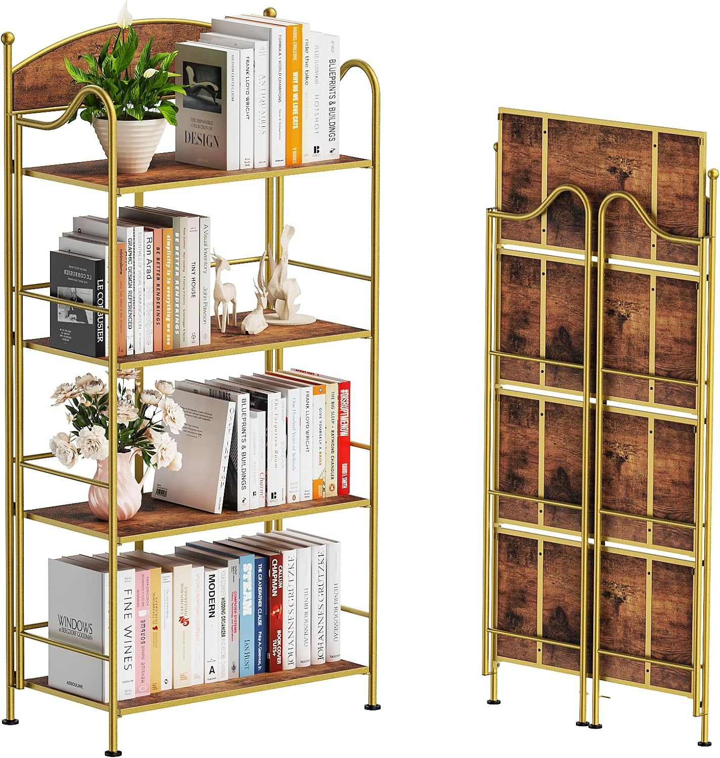 Flycity No Assembly Folding Bookshelf, 4 Tier Vintage Organizer Display