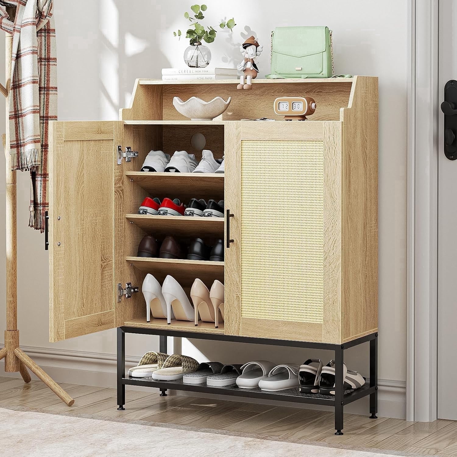 Flycity Rattan Shoe Cabinet, 7-Tier Organizer, Adjustable Shelves
