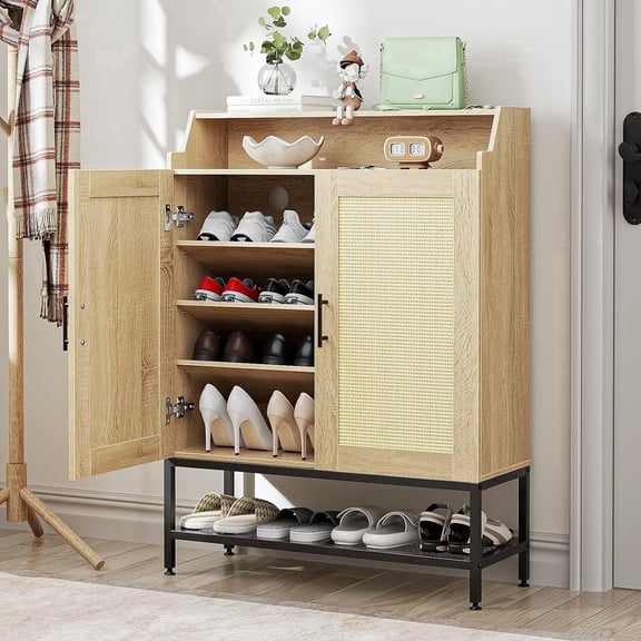 Flycity Rattan Shoe Cabinet, 7-Tier Shoe Rack with Adjustable Shelves, Shoe Storage Organizer with Anti-Tip Fitting for Entryway Hallway, Beige