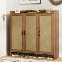 Flycity Rattan Shoe Storage Cabinet, 6-Tiers Shoe Rack with 3 Doors, Freestanding Shoe Organizer with Adjustable Shelves for Entryway Hallway, Beige