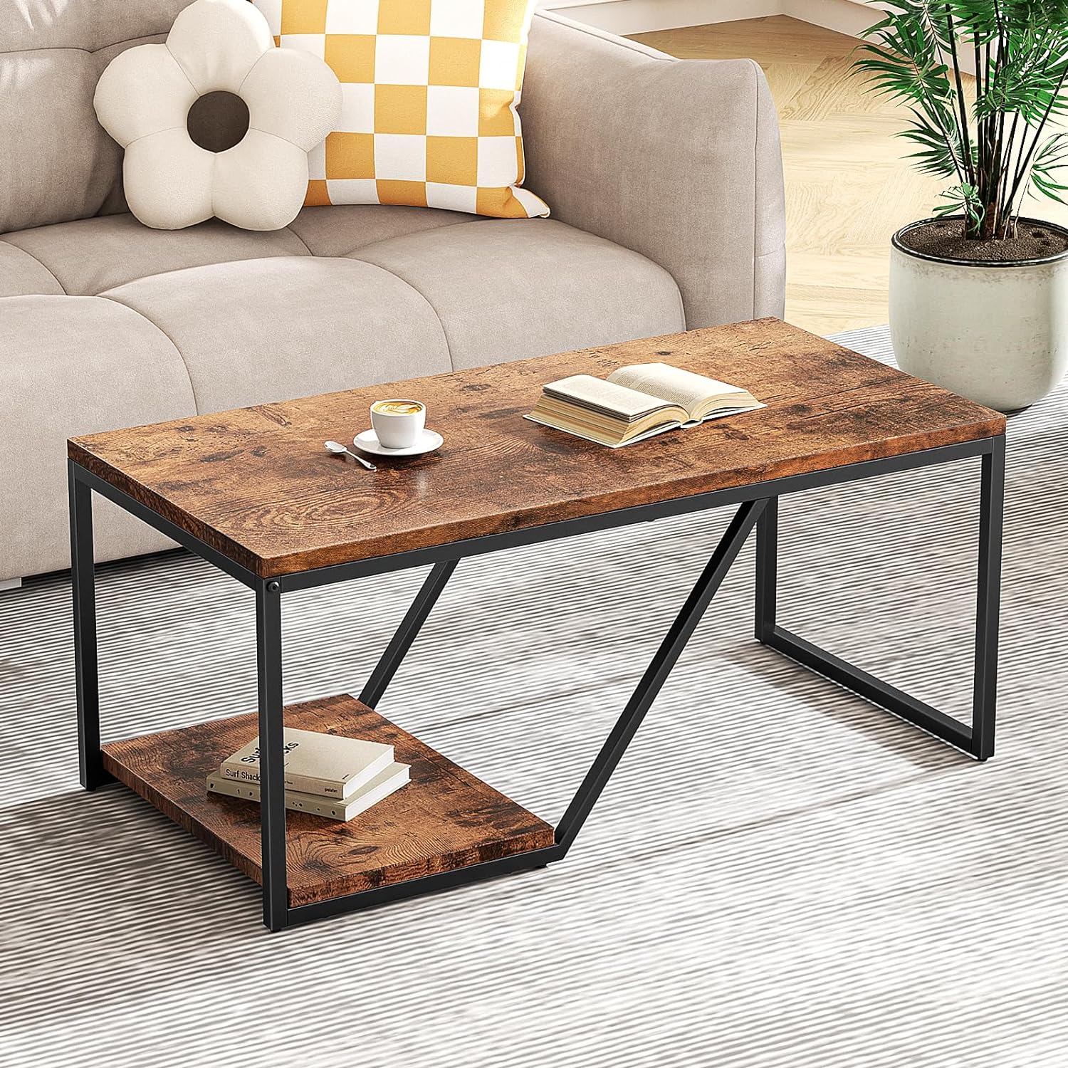 Alden Design Industrial Coffee Table with Storage Shelf, Rustic Brown