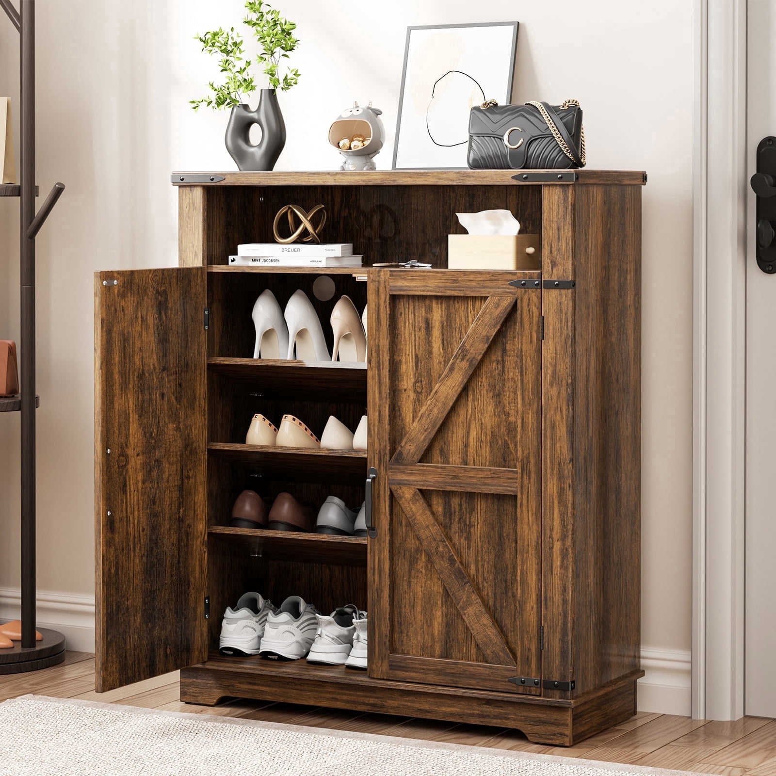 Flycity, Shoe Cabinet, 6-Tiers, Adjustable Shelves, Farmhouse