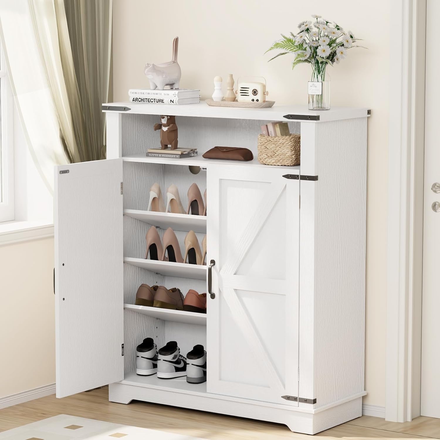 Flycity Shoe Cabinet, 6-Tiers Shoe Rack Organizer Cabinet with Adjustable Shelves, Freestanding Cabinet Storage with Anti-Tip Fitting (Wood Door) - Walmart.com