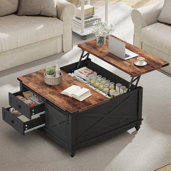 Flycity Square Lift-Top Coffee Table with 2 Drawers, 31.5" Farmhouse Lift up Coffee Table with Hidden Storage Compartment, Wood Center Table for Living Room, Black
