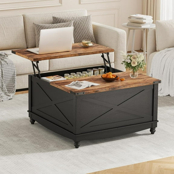Flycity Square Lift Top Coffee Table, 31.5" Farmhouse Lift Up Coffee Table with Hidden Storage Compartment, Wood Center Table for Living Room, Black
