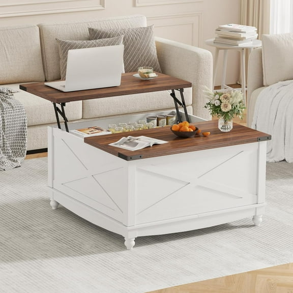 Flycity Square Lift Top Coffee Table, 31.5" Farmhouse Lift Up Coffee Table with Hidden Storage Compartment, Wood Center Table for Living Room, White