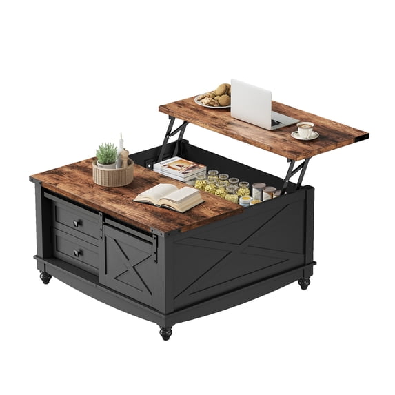 Flycity Square Lift Top Coffee Table, Lift up Coffee Table with Storage & Sliding Doors & Drawers, Modern Center Table for Living Room Bedroom, Black