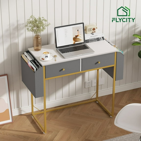 Flycity Small Desk with Fabric Drawers & Storage Bags, Home Office Computer Desk, Vanity Desk with Storage for Bedroom, Work Writing Study Table