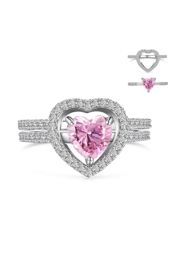 2Pcs 1CT Pink Heart Cut Zirconia Love Halo Engagement Wedding Ring Set Ladies Fashion 925 Silver for Women Size 9