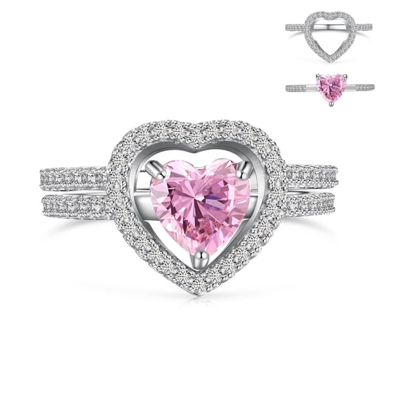 Flydeer 2Pcs 1CT Pink Heart Cut Zirconia Love Halo Engagement Wedding Ring Set Ladies Fashion 925 Silver for Women Size 9