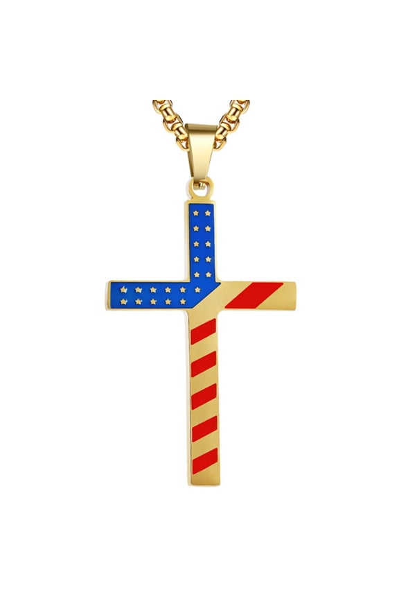 Cross Necklace for Men Titanium Steel Yellow American Flag Pendant Chain with Bible Verse Christian Religious Birthday Christmas Jewelry Gifts