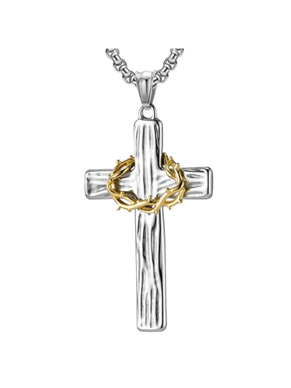 Cross Necklace for Men Titanium Steel Crown of Thorns Cross Pendant Necklaces Christ Crucifix Gifts for Mens Womens