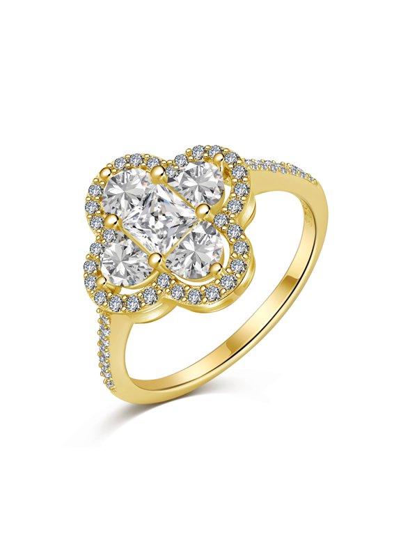 Engagement Ring for Women Four Leaf Clover Ring for Women S925 Sterling Silver Plated Yellow 5A CZ Size 6