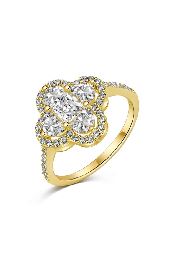 Engagement Ring for Women Four Leaf Clover Ring for Women S925 Sterling Silver Plated 14K Gold 5A CZ Size 6