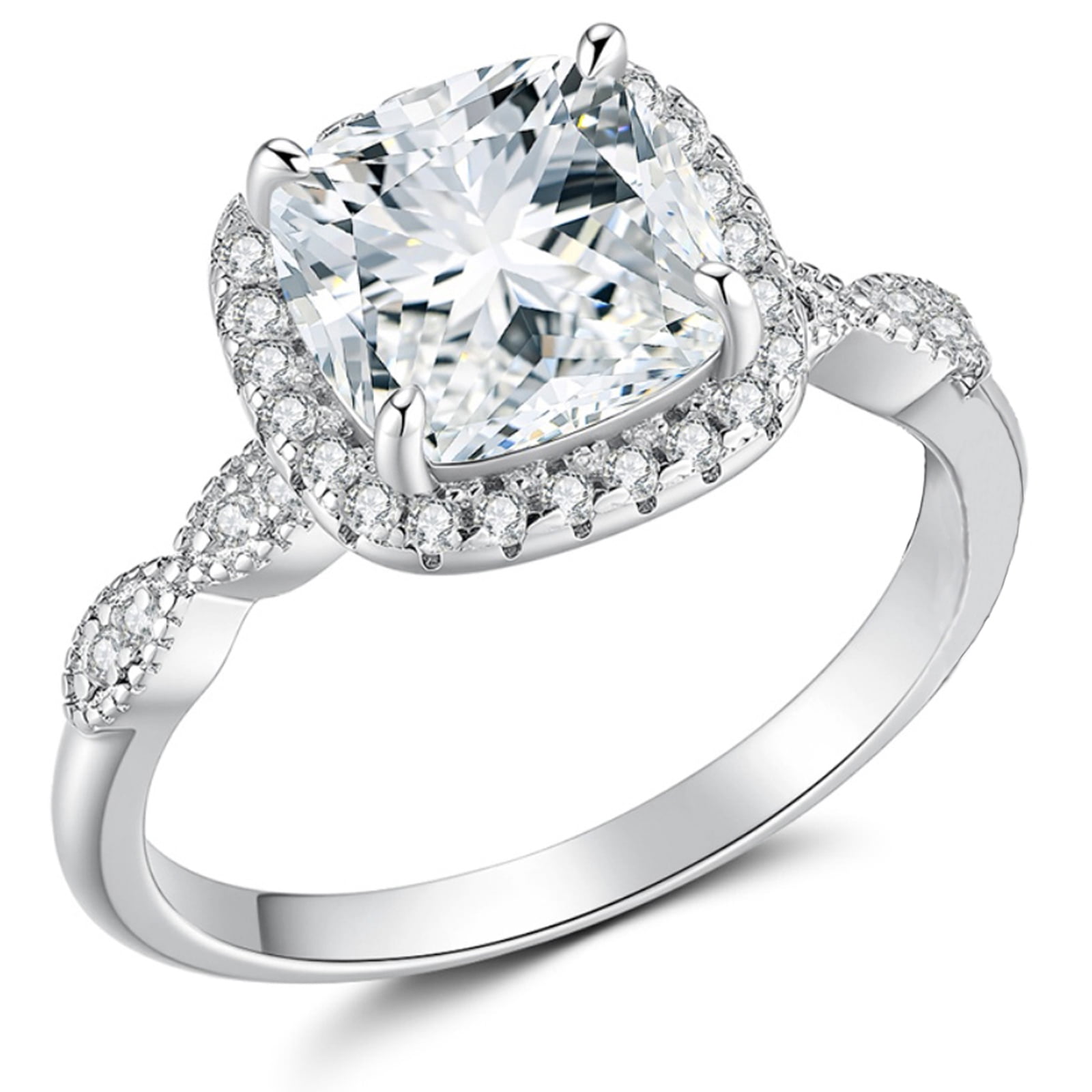 Flydeer Engagement Rings for Woman Cushion Cut Halo 5A CZ Wedding Promise Ring Silver 18K Plated Size 8