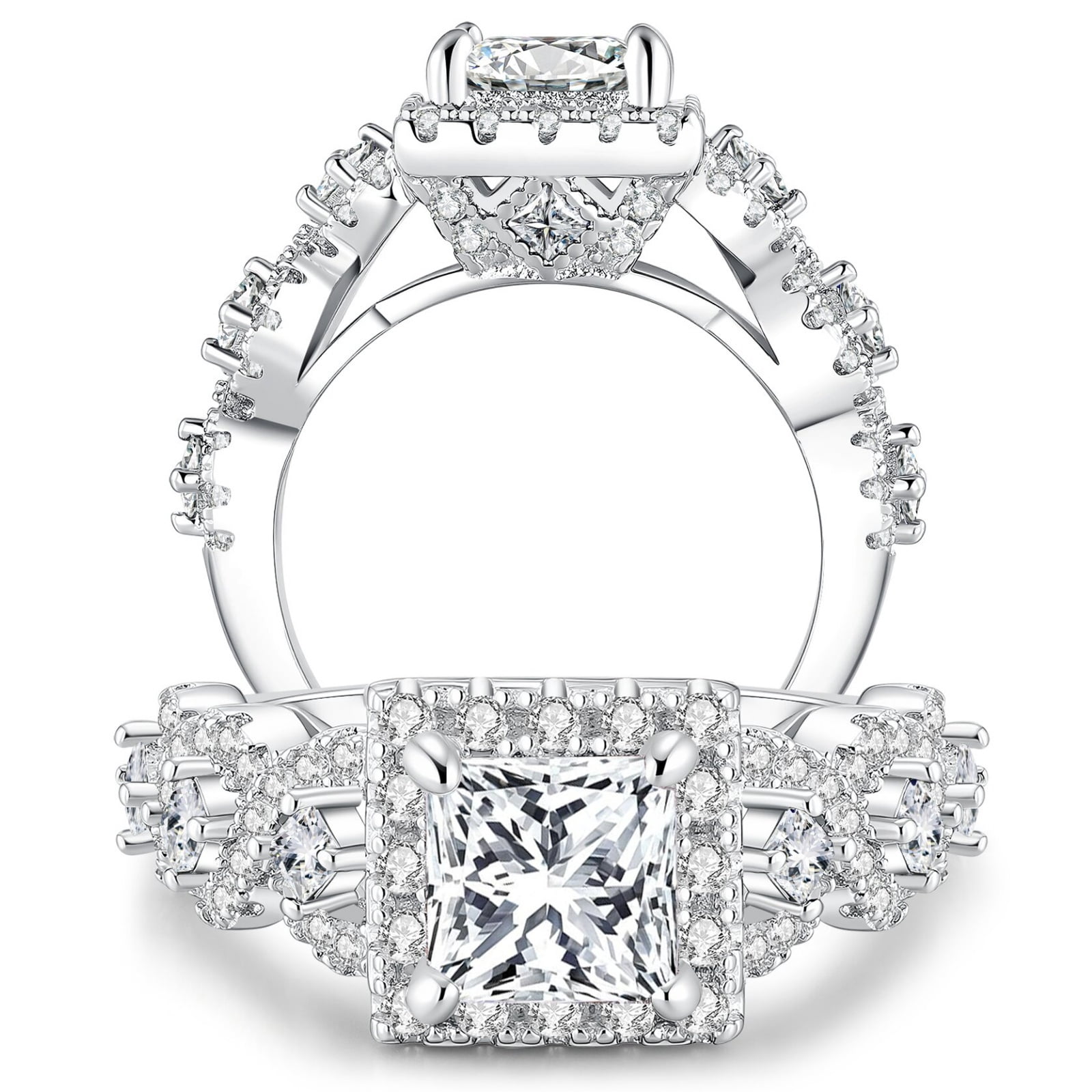 Flydeer Engagement Rings for Woman Princess Cut 5A CZ Wedding Promise Ring Silver 18K Plated Size 10
