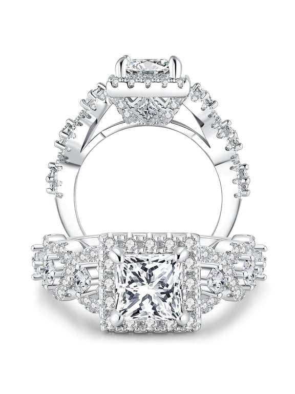 Engagement Rings for Woman Princess Cut 5A CZ Wedding Promise Ring Silver Plated Size 5