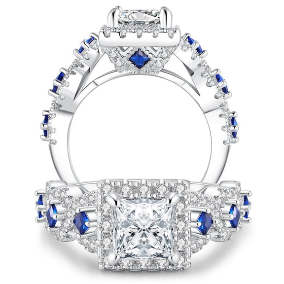 Flydeer Engagement Rings for Woman Princess Cut Sapphire Wedding Promise Ring Silver 18K Plated Size 7