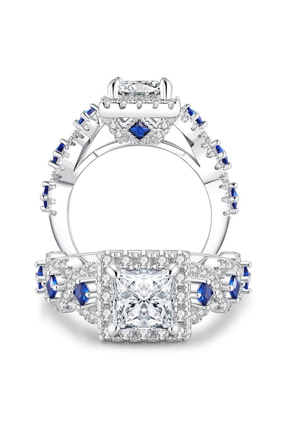 Engagement Rings for Woman Princess Cut Sapphire Wedding Promise Ring Silver 18K Plated Size 8
