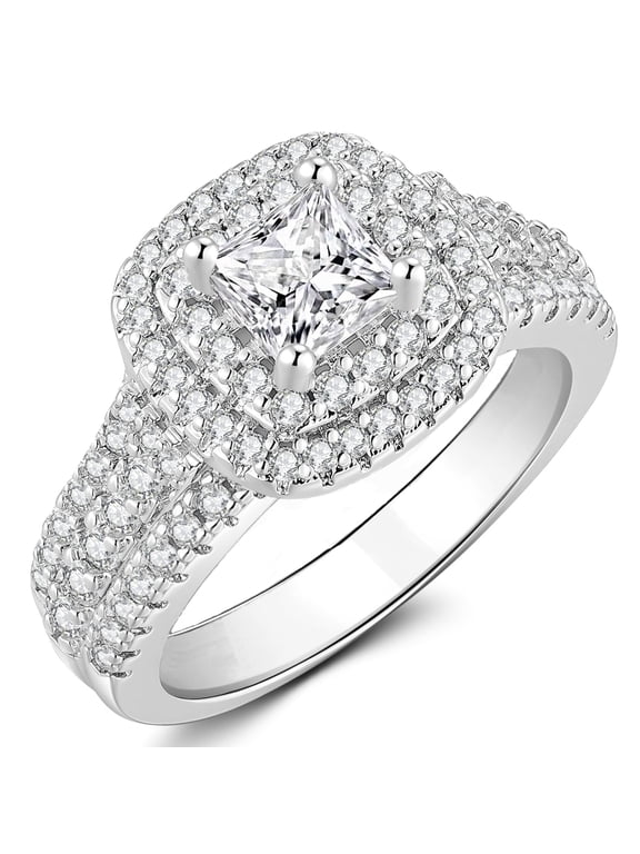 Engagement Rings for Women Princess Cut Wedding Promise Ring Silver Plated Anniversary Jewelry Gift for Her Size 7