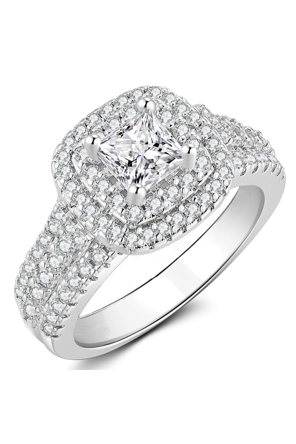 Engagement Rings for Women Princess Cut Wedding Promise Ring Silver Plated Anniversary Jewelry Gift for Her Size 7