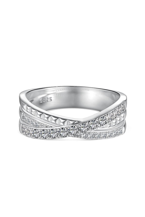 Multi-Layer Crossover Design with White Zirconia 925 Sterling Silver Geometric Openwork Ring Minimalist Stackable Jewelry for Women in Her Size 6