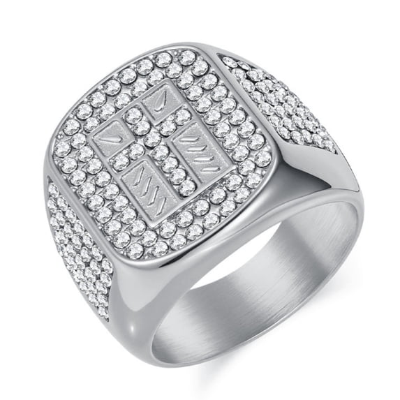 Flydeer Rings for Men Titanium Steel Hip Hop Iced Out Rings Men Rings Cross Rings Bling Religious Jewelry Size 12