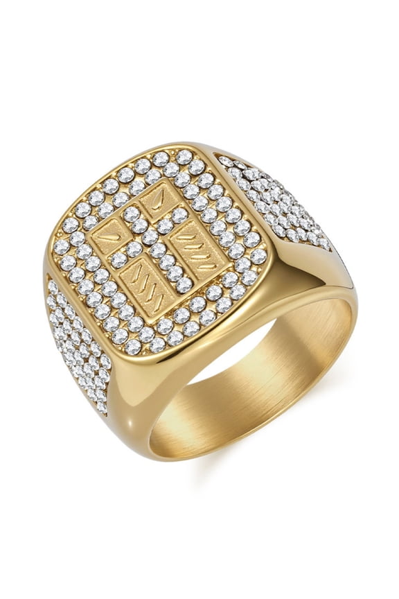 Rings for Men Titanium Steel Hip Hop Iced Out Rings Yellow Men Rings Cross Rings Bling Religious Jewelry Size 11