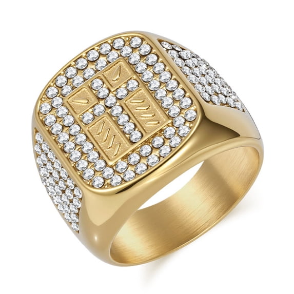 Flydeer Rings for Men Titanium Steel Hip Hop Iced Out Rings Yellow Men Rings Cross Rings Bling Religious Jewelry Size 8