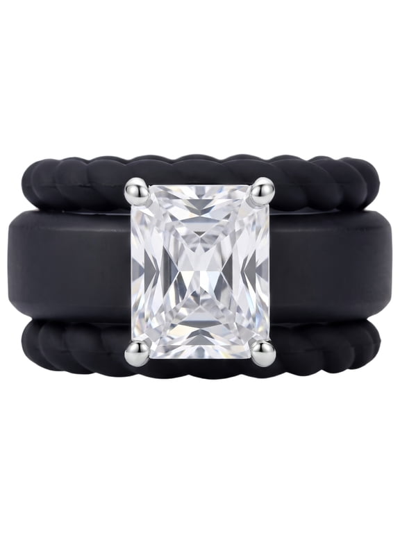 Silicone Rings for Women 3PCS Radiant Cut Solitaire Engagement Ring 5A CZ Twisted Braided Rubber Bands Black Stackable Wedding Band Size 7