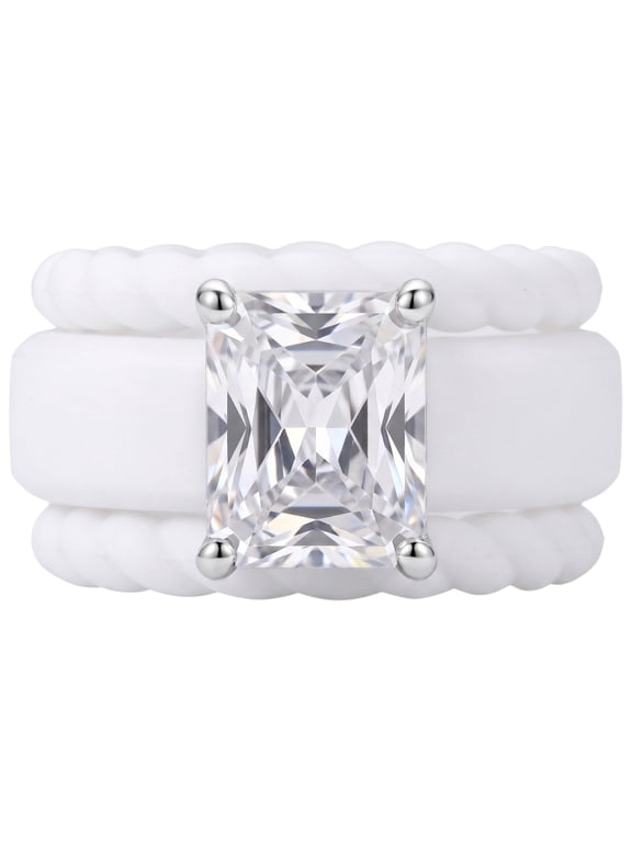 Silicone Rings for Women 3PCS Radiant Cut Solitaire Engagement Ring 5A CZ Twisted Braided Rubber Bands Stackable Wedding Band Size 7