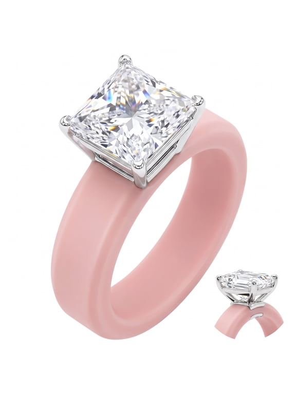 Silicone Rings for Women Princess Cut Solitaire Promise Engagement Ring 5A CZ Pink Stackable Wedding Band Jewelry Gift for Her Size 7