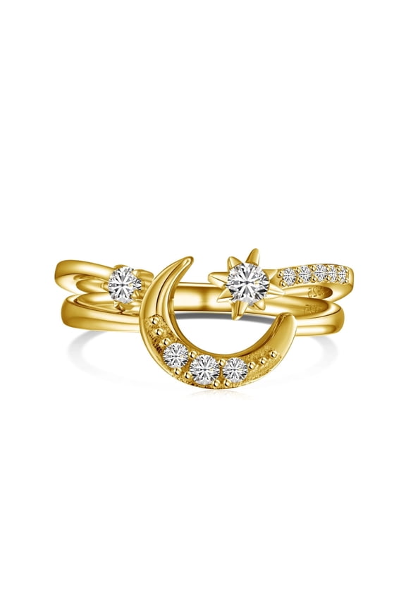 Stackable Matching Rings for Women - 925 Sterling Silver Cubic Zirconia Moon, Sun & Star Minimalist 2Pcs Adjustable Ring Set for Her Gold Size 7